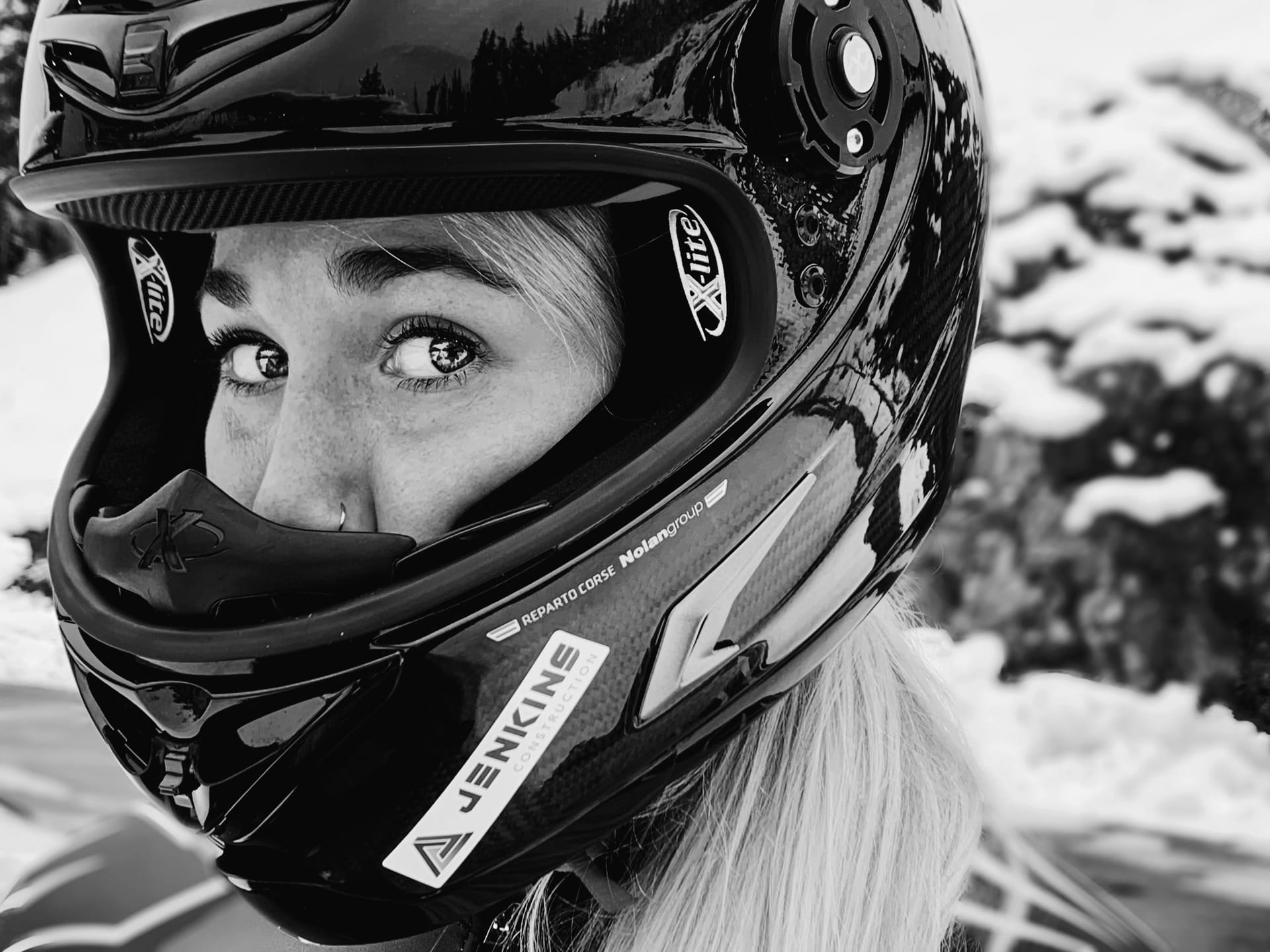 Mackenzie Stewart closeup wearing bobsled helmet