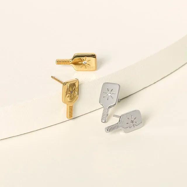 gold and silver pickleball paddle earrings