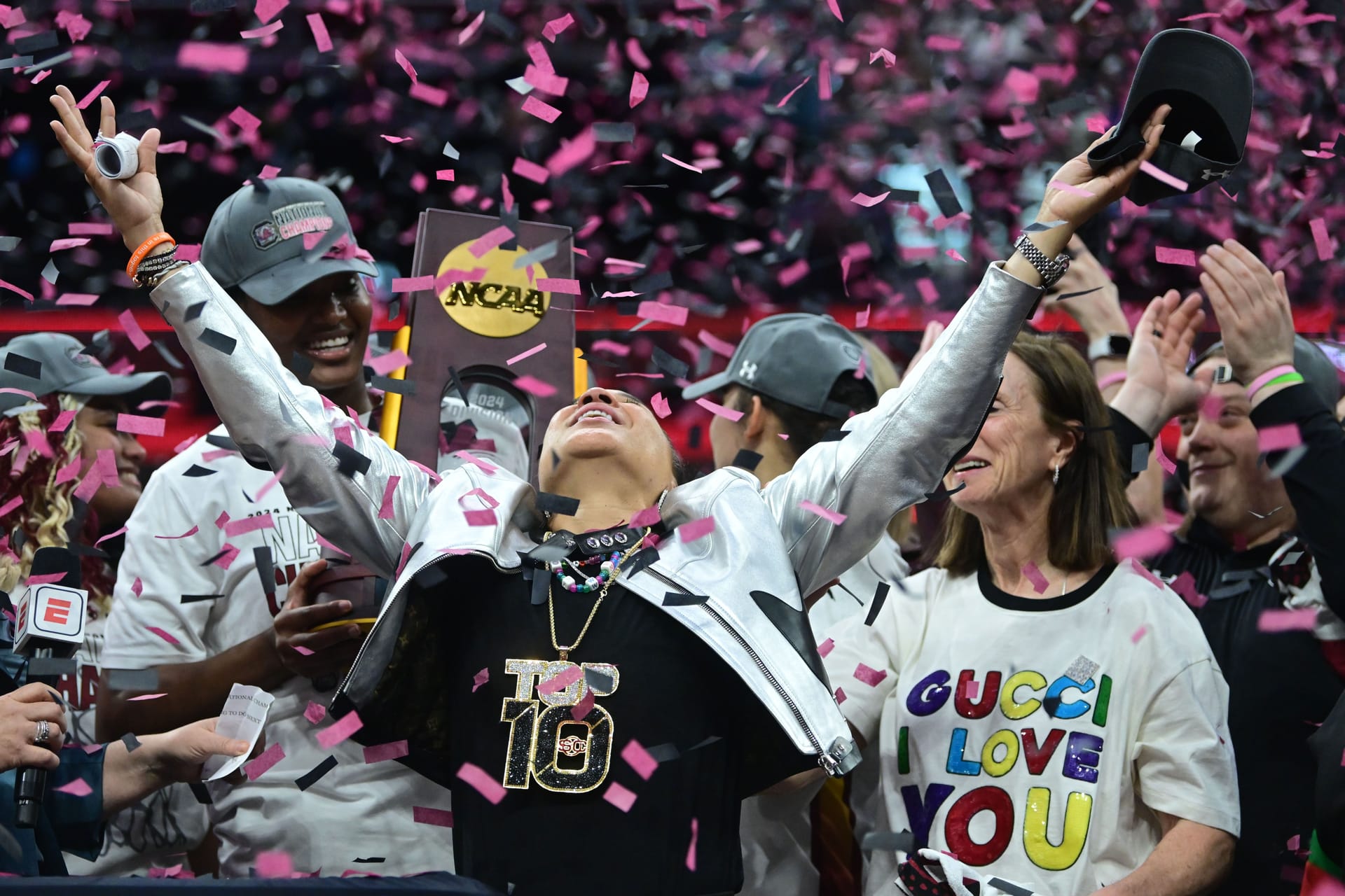 South Carolina Gamecocks head coach Dawn Staley reacts during the trophy presentation after defeating the Iowa Hawkeyes in the finals of the Final Four of the womens 2024 NCAA Tournament at Rocket Mortgage FieldHouse. Source: © Ken Blaze-USA TODAY Sports