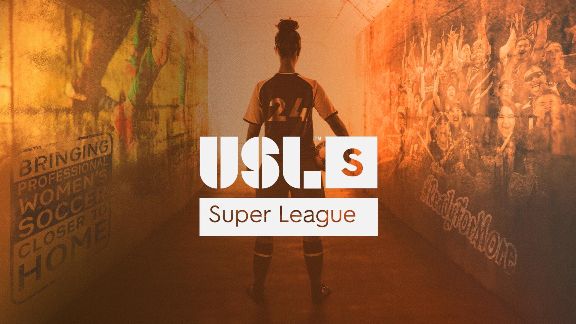 female soccer player standing between graffiti walls. USL logo overlaid.