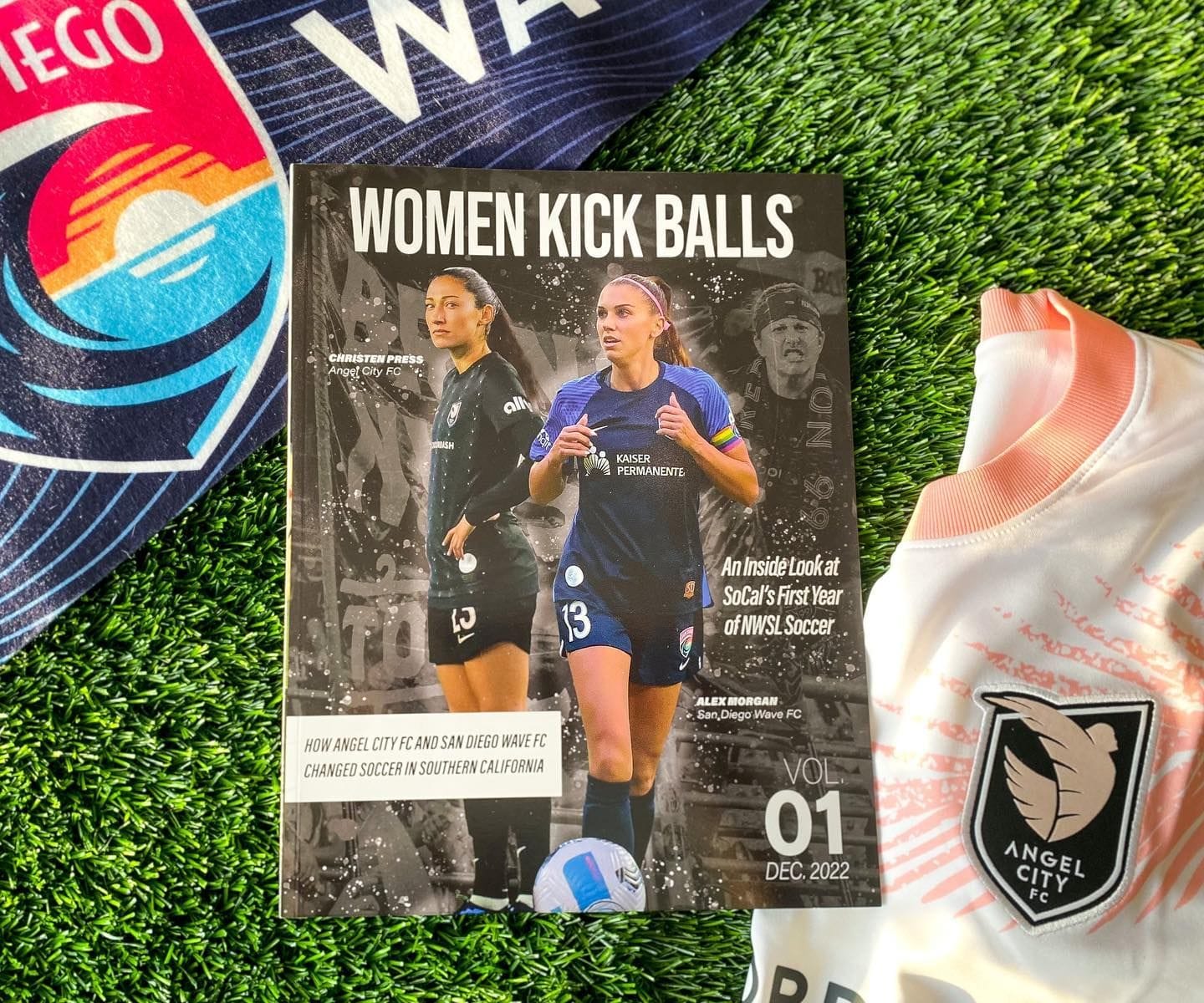 Women Kick Balls volume on background of turf and sports jerseys