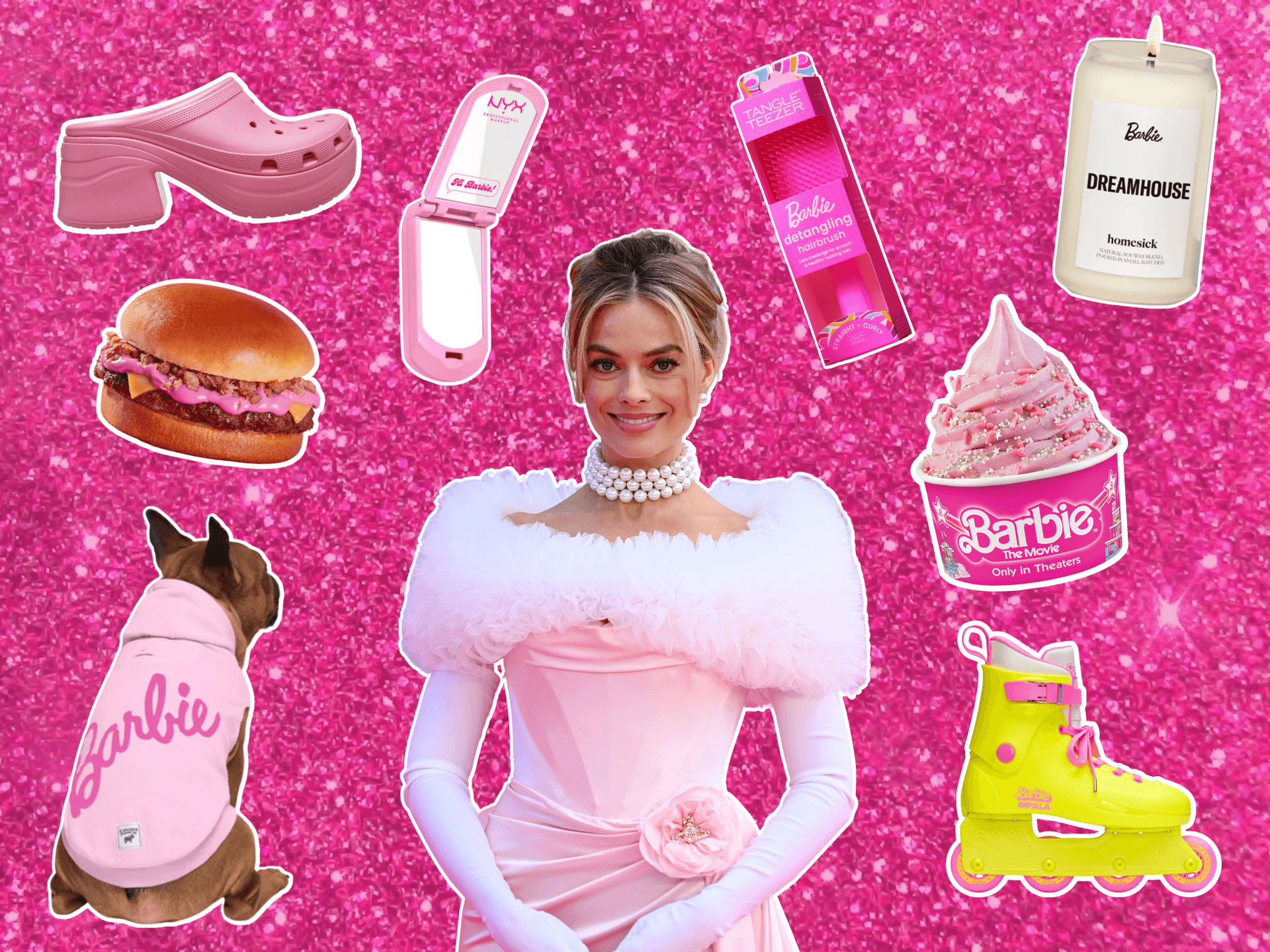 Margo Robbie smiles in a pink sparkly collage of Barbie branded products
