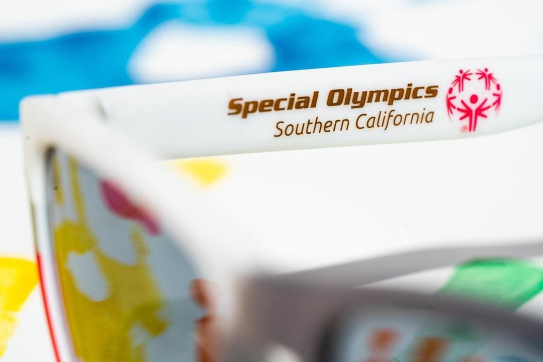 closeup of goodr sunglasses inscription Special Olympics Southern California