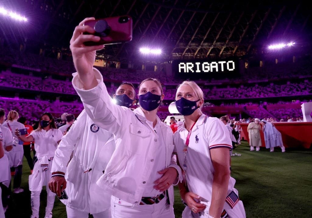Kara Winger taking a selfie at Tokyo 2020 Closing Ceremony